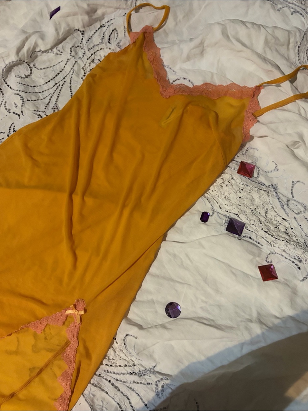 Y2K Marigold Slip Dress Peach Lace Romantic Boho Dreamy Chemise Nightgown